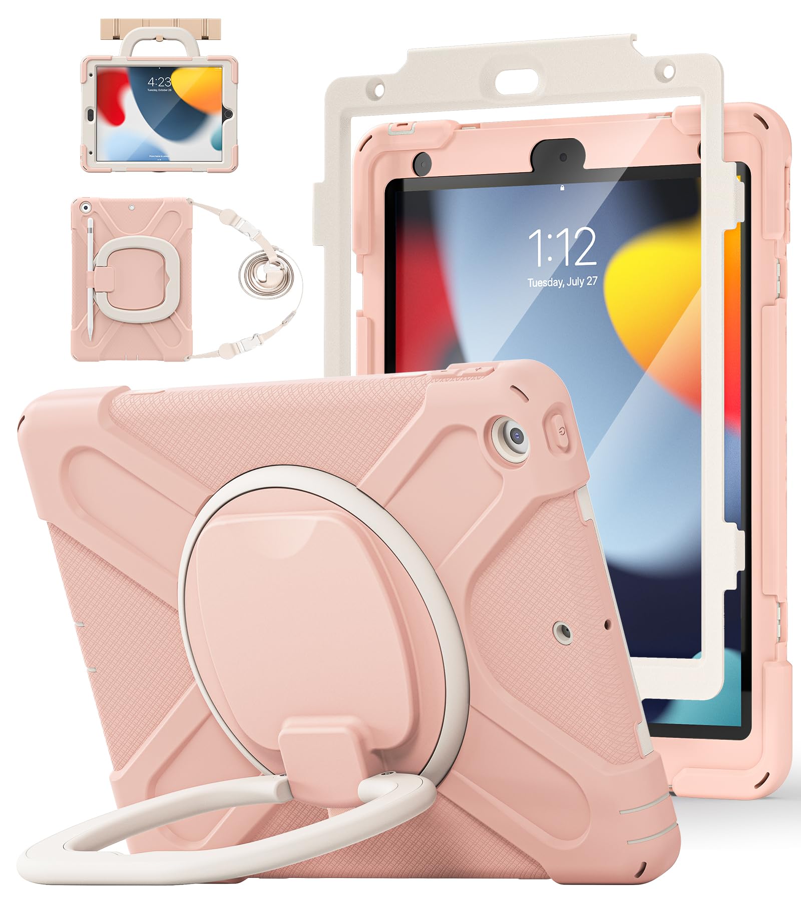 BATYUE for iPad 9th/ 8th/ 7th Generation Case (iPad 10.2 inch Rugged Case 2021/2020/2019) with Screen Protector, Rotating Stand/Pencil Holder/Carrying Shoulder Strap (Colourful Pink)