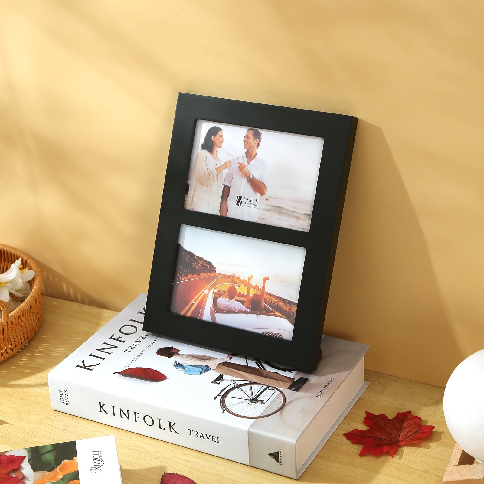 4x6 2-Opening Collage Frame Black Wood | Two 4x6 openings, shatter-resistant glass, tabletop & wall mount