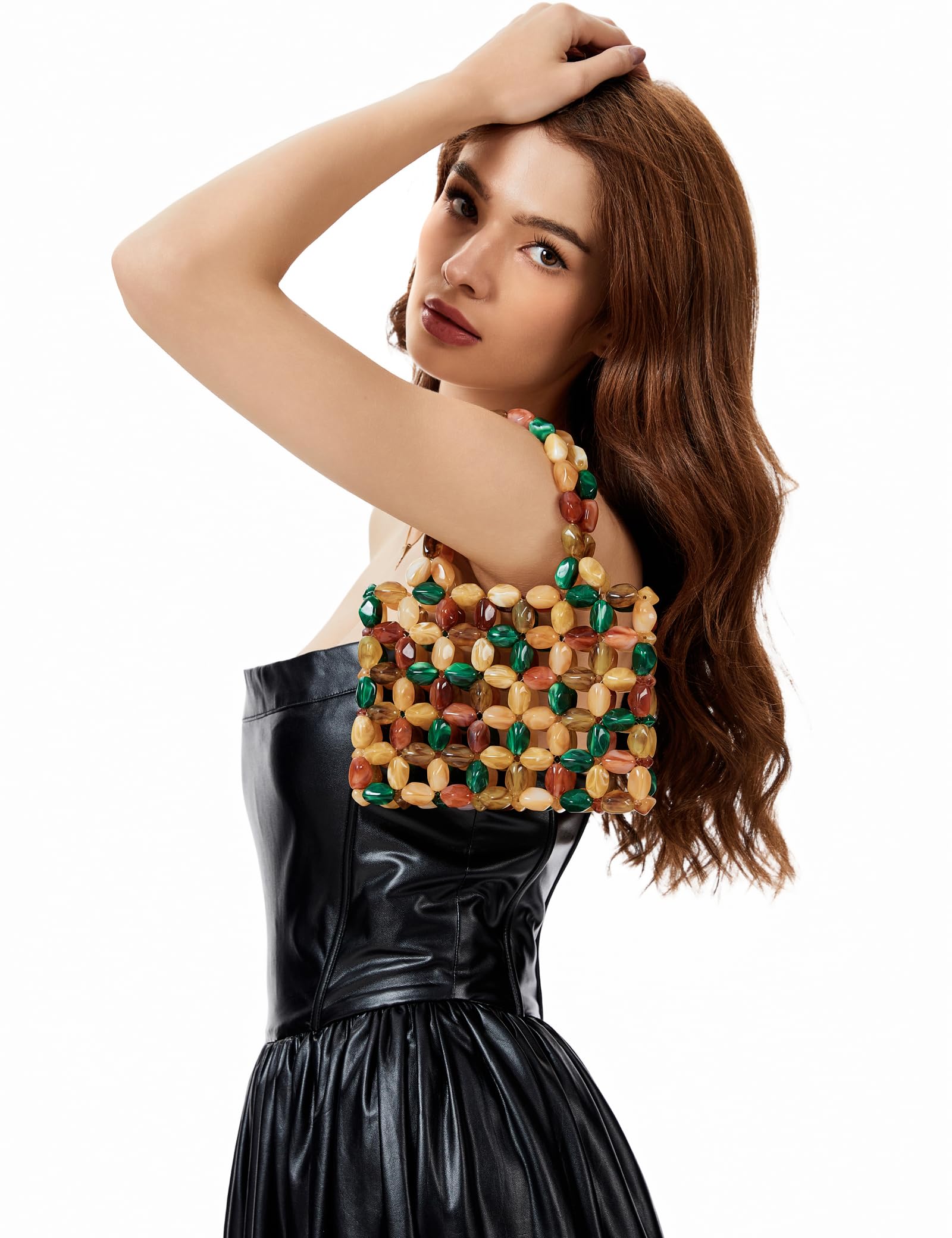 Miuco Women Multicolor Stone look Acrylic Beaded Handbag Handmade Woven Tote Bag Vintage Boho Beach Clutch for Wedding Party