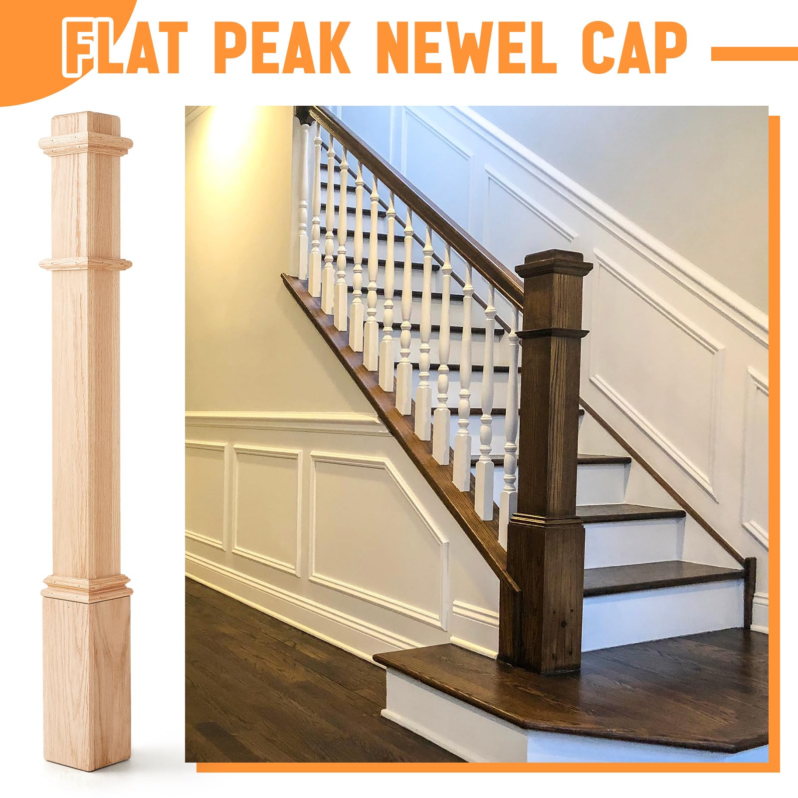 Wonderjune 1 Pcs 48 Inch Red Oak Stair Newel Post with 3 1/2" Post and 4 1/2" Pedestal, Wood Box Newel with Pedestal for Staircase, Plain Style Wood Balusters Interior for Stair Remodeling