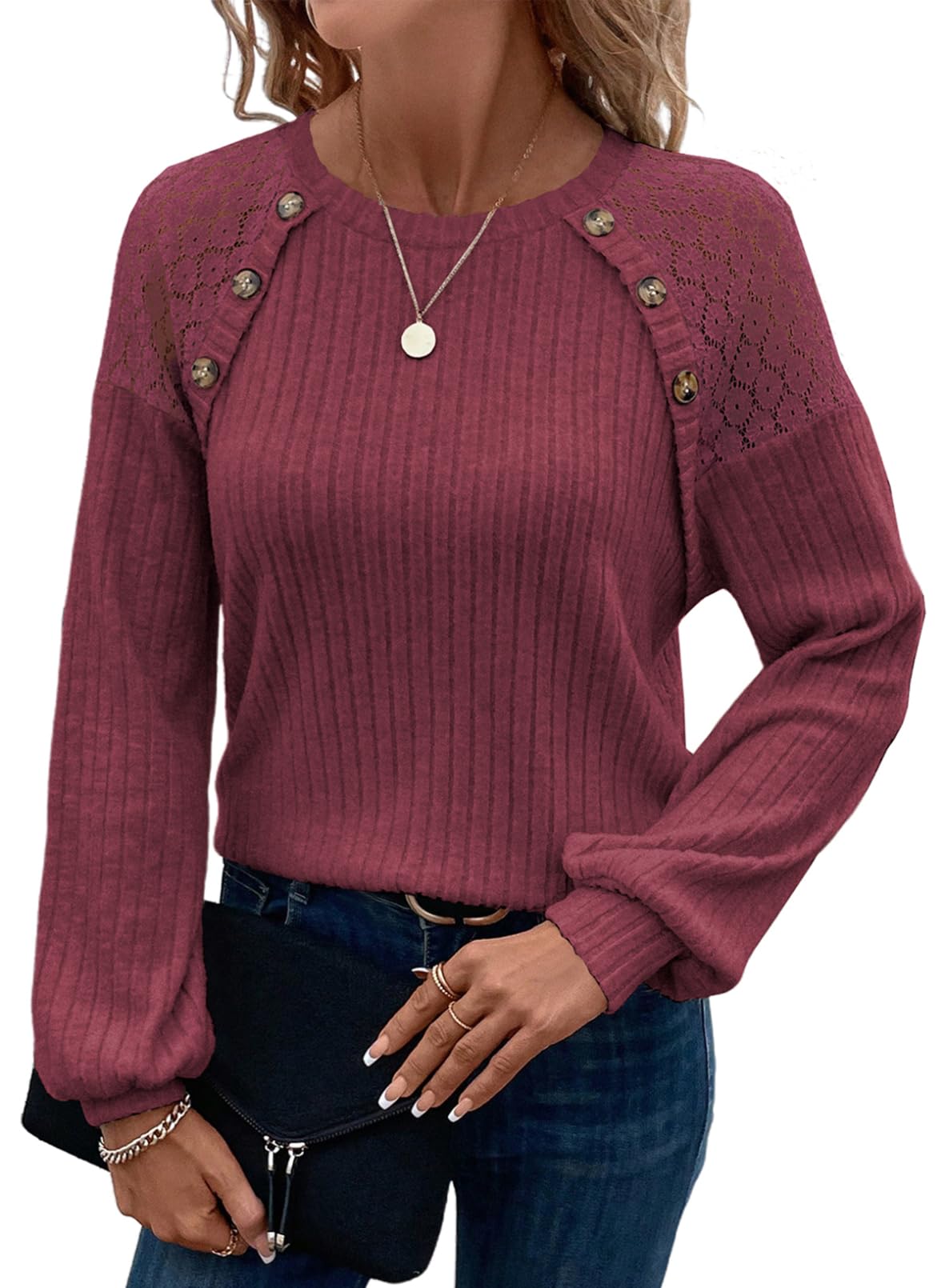 Acelitt Womens Fall Long Sleeve Tunic Tops Casual Crew Neck Dressy Shirt Lace Patchwork Blouses Pullover Sweaters