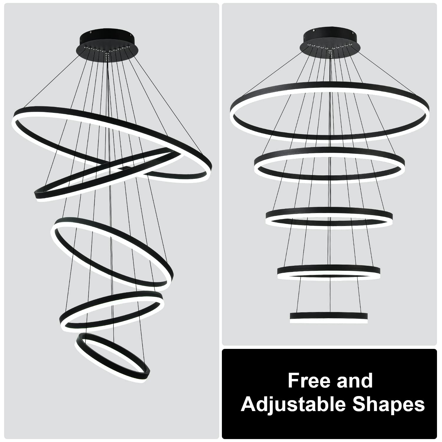 5-Rings Modern LED Chandelier Black Dimmable High Ceiling Chandelier for Dining Room with Remote Control for Foyer Living Room Entryway Staircase(D23.6’’, 3000K-6500K)