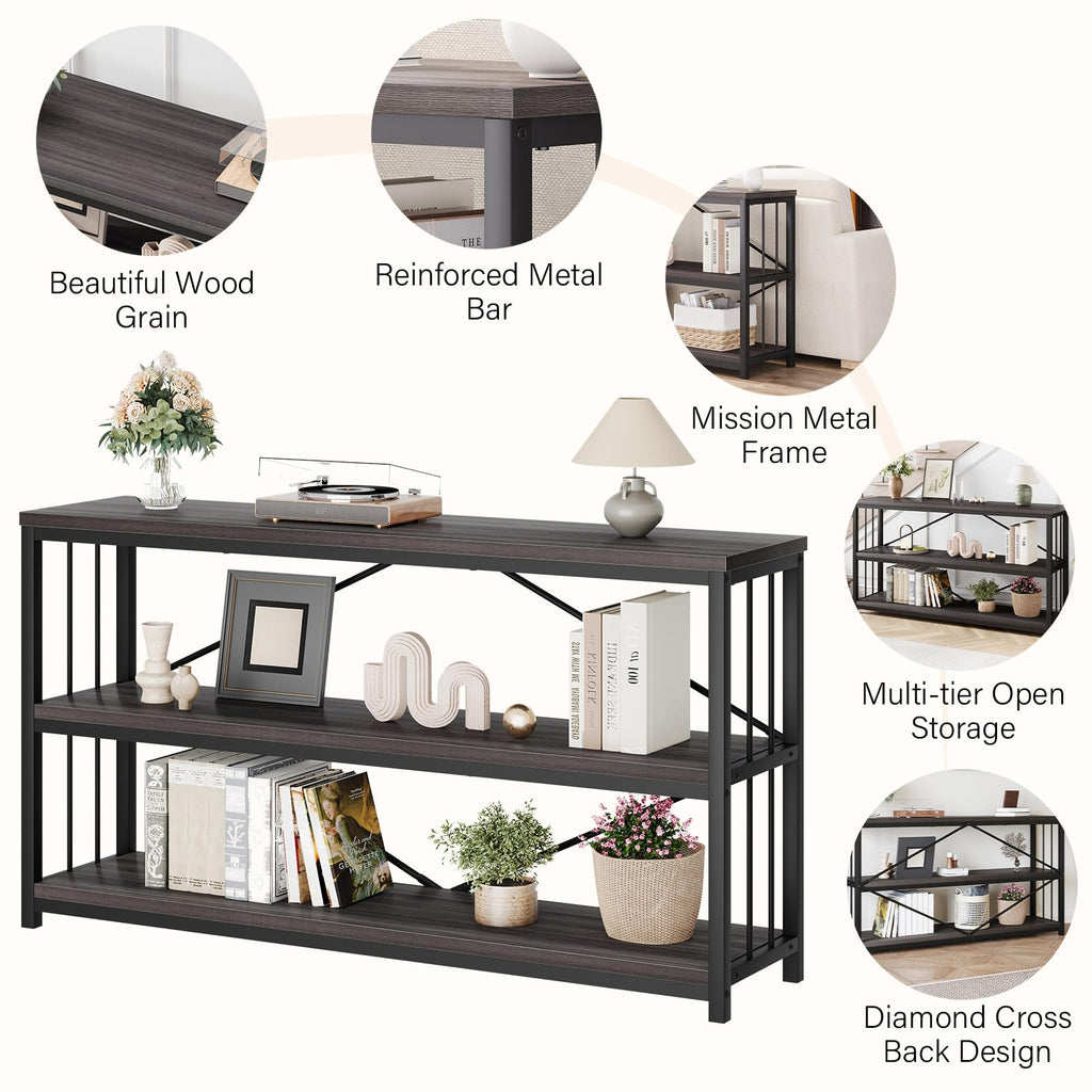 LVB Black Console Table, Modern Entryway Table for Hallway Living Room, Industrial Sofa Table Behind Couch, Farmhouse Wooden Metal Entry Table for Foyer with 3-Tier Storage Shelves, Black Oak, 55 Inch