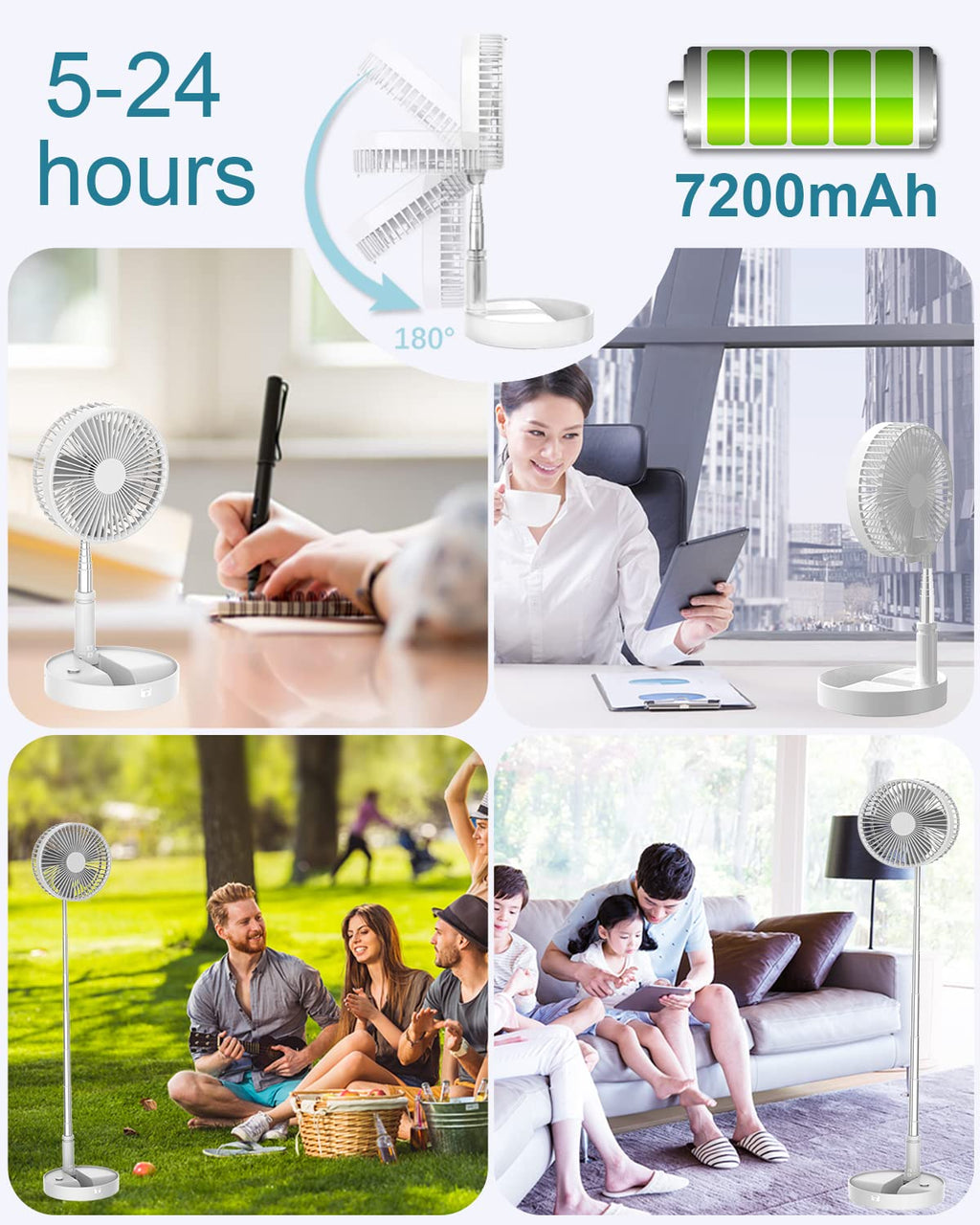 UN UNITEDTIME Portable Fan Foldable Rechargeable [Remote Control ] Battery Operated Foldaway Standing Pedestal Collapsible Fan, 4 Speed, Timer for Camping Travel, Bedroom (Black)