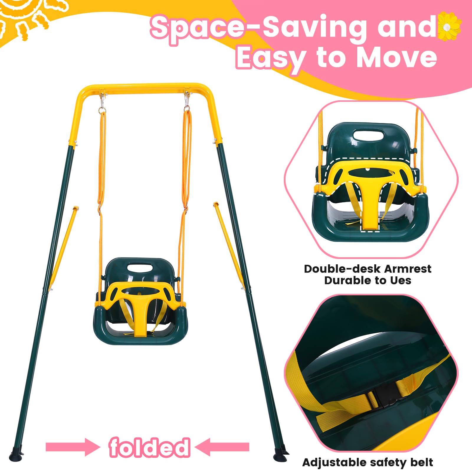 3-in-1 Toddler Swing Set, Metal A-Frame Hammock Chair Stand, Foldable Baby Swing Frame, Easy to Assemble & Store, Indoor/Outdoor Swing Stand for Toddler Baby Jumper Chair (SEAT)
