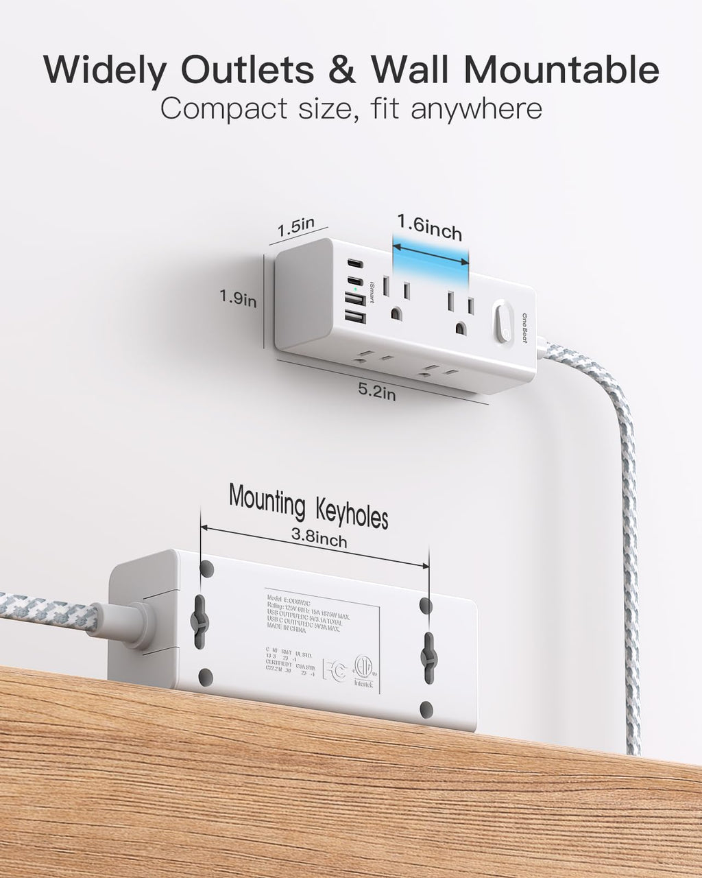 One Beat Short Extension Cord 1Ft, Flat Plug Power Strip Surge Protector - 6 Widely Outlets with 4 USB Ports (2 USB C), Wall Mount Small Power Strip for Travel, Home Office College Dorm Essentials