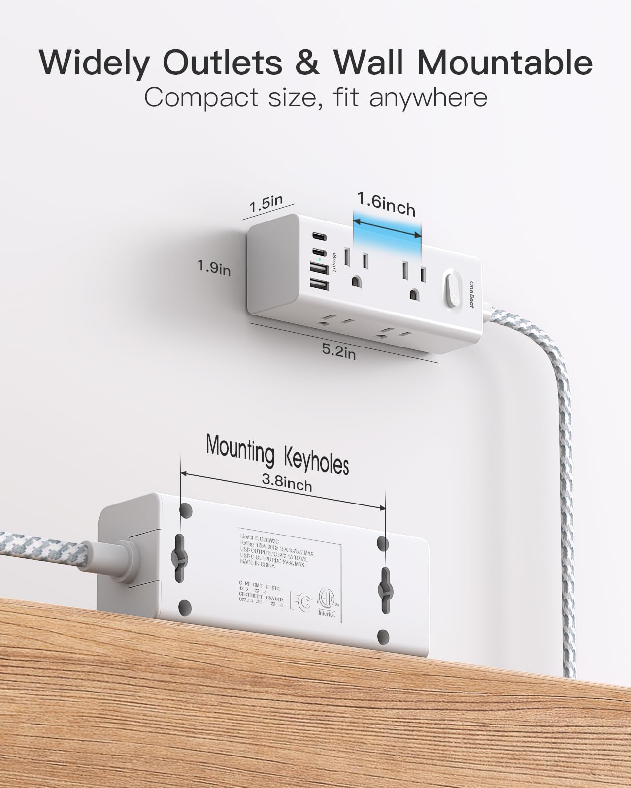 One Beat Short Extension Cord 1Ft, Flat Plug Power Strip Surge Protector - 6 Widely Outlets with 4 USB Ports (2 USB C), Wall Mount Small Power Strip for Travel, Home Office College Dorm Essentials