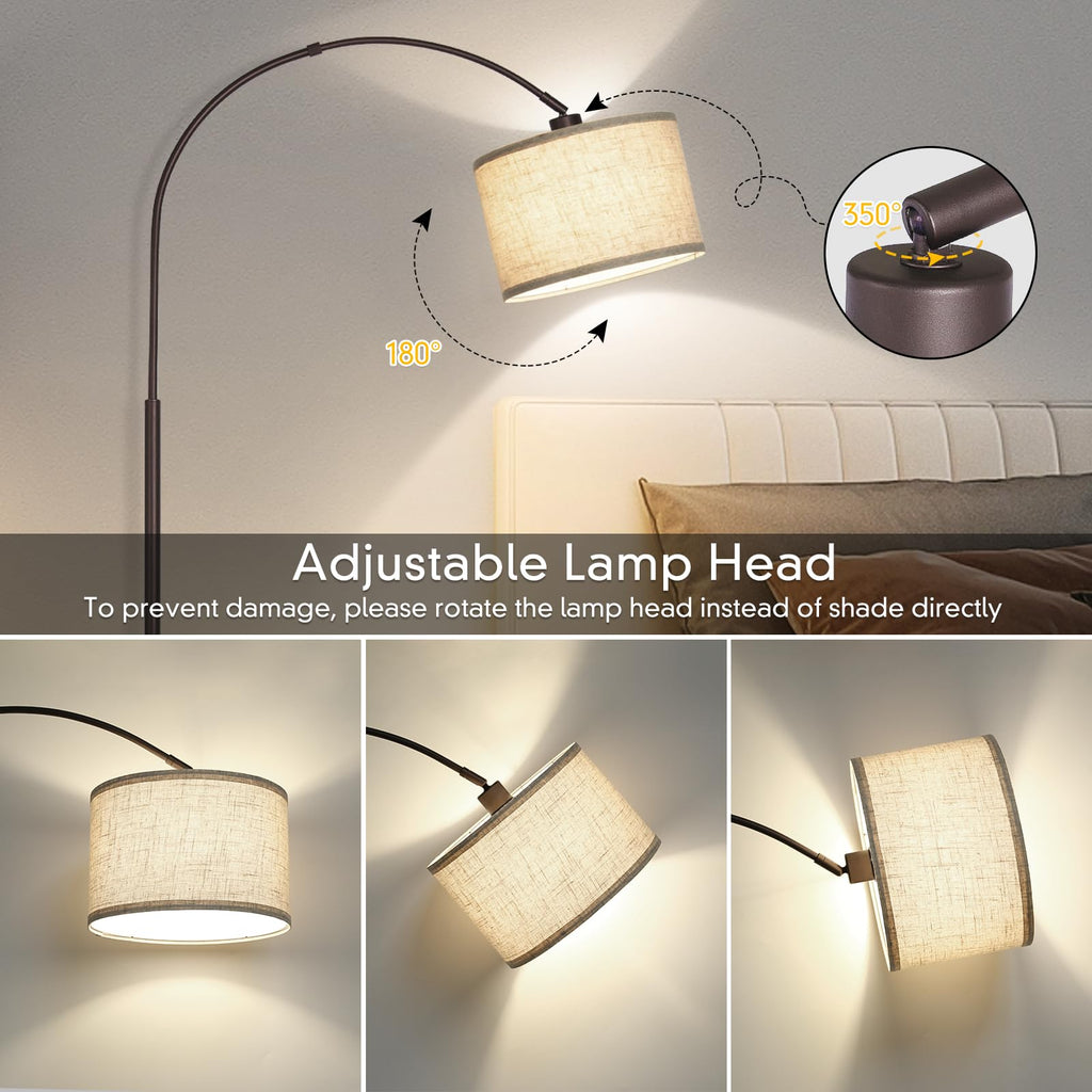 Rattan Floor Lamp, Arc Floor Lamps for Living Room, Farmhouse Standing Lamp with Adjustable Hanging Fabric Shade, Tall Pole Lamp with Foot Switch, Over Couch Arched Reading Light for Bedroom, Office
