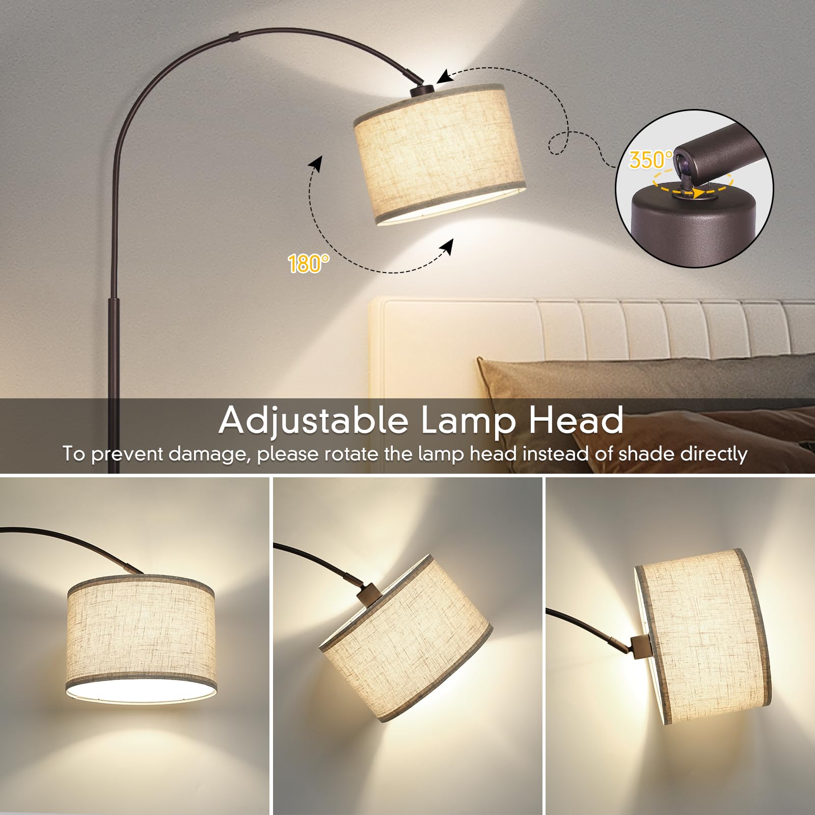 Rattan Floor Lamp, Arc Floor Lamps for Living Room, Farmhouse Standing Lamp with Adjustable Hanging Fabric Shade, Tall Pole Lamp with Foot Switch, Over Couch Arched Reading Light for Bedroom, Office