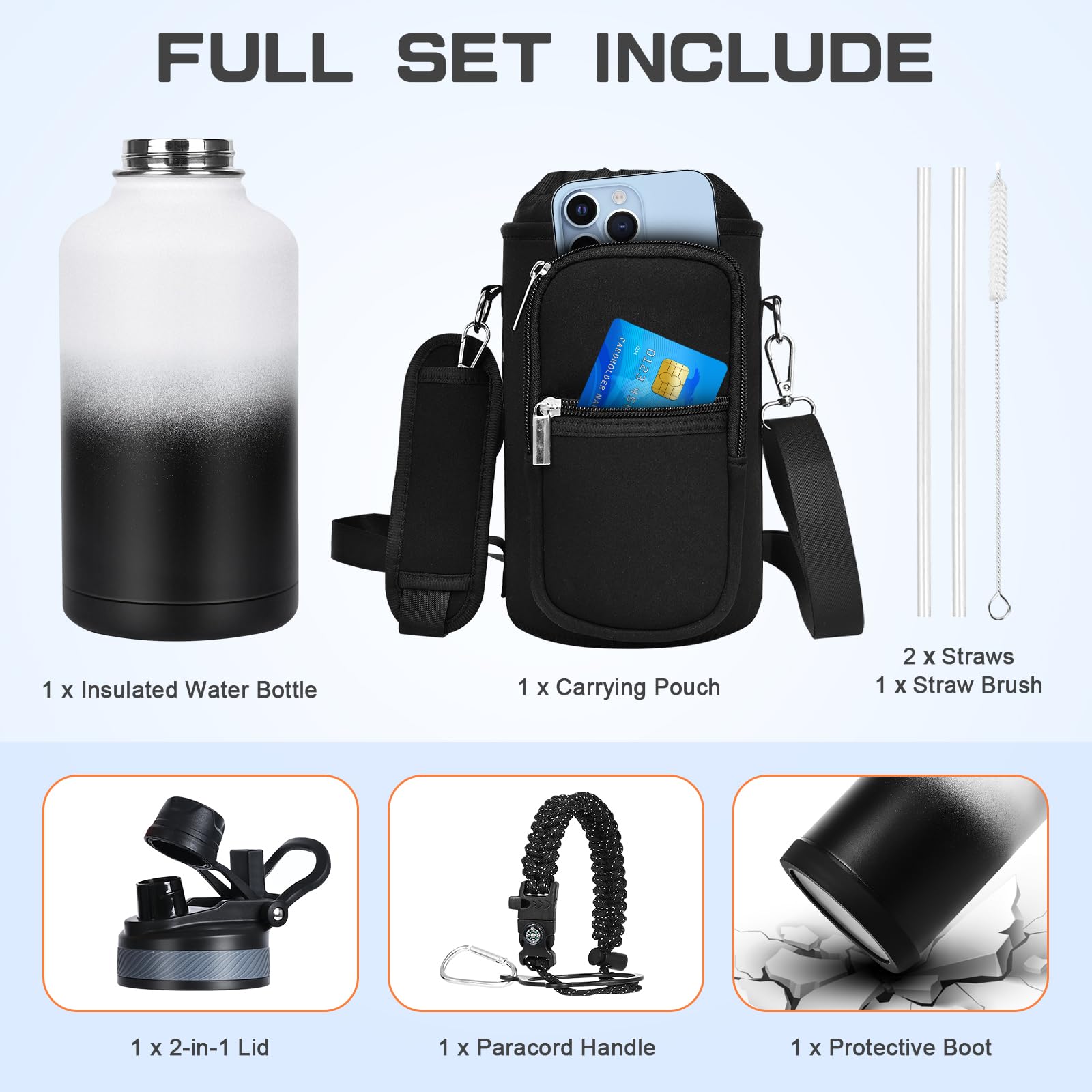 GAZLEMHO 40 oz Insulated Water Bottle with Straw& Spout 2-in-1 Lid, Triple Wall Vacuum Stainless Steel Cold 48H, Leak Proof Sports Metal Flask Jug with Paracord Handle, Black