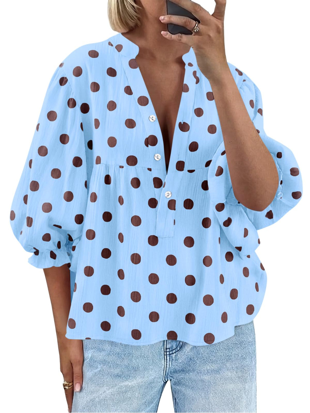Tankaneo Womens Puff Sleeve Babydoll Tops Summer V Neck Striped Blouse Cute Casual Loose Fit Flowy Shirts