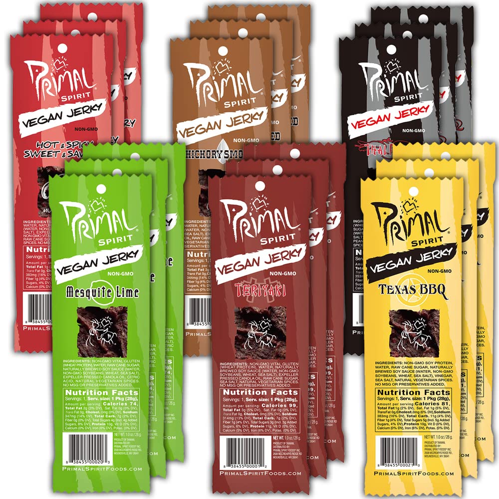 Primal Spirit Vegan Jerky - Our Sampler Pack, 10g. Plant Based Protein, Certified Non-GMO ("The Classics" Thai Peanut, Mesquite Lime, Teriyaki, Hot & Spicy, Hickory Smoked, & Texas BBQ, 12-Pack, 1 oz)
