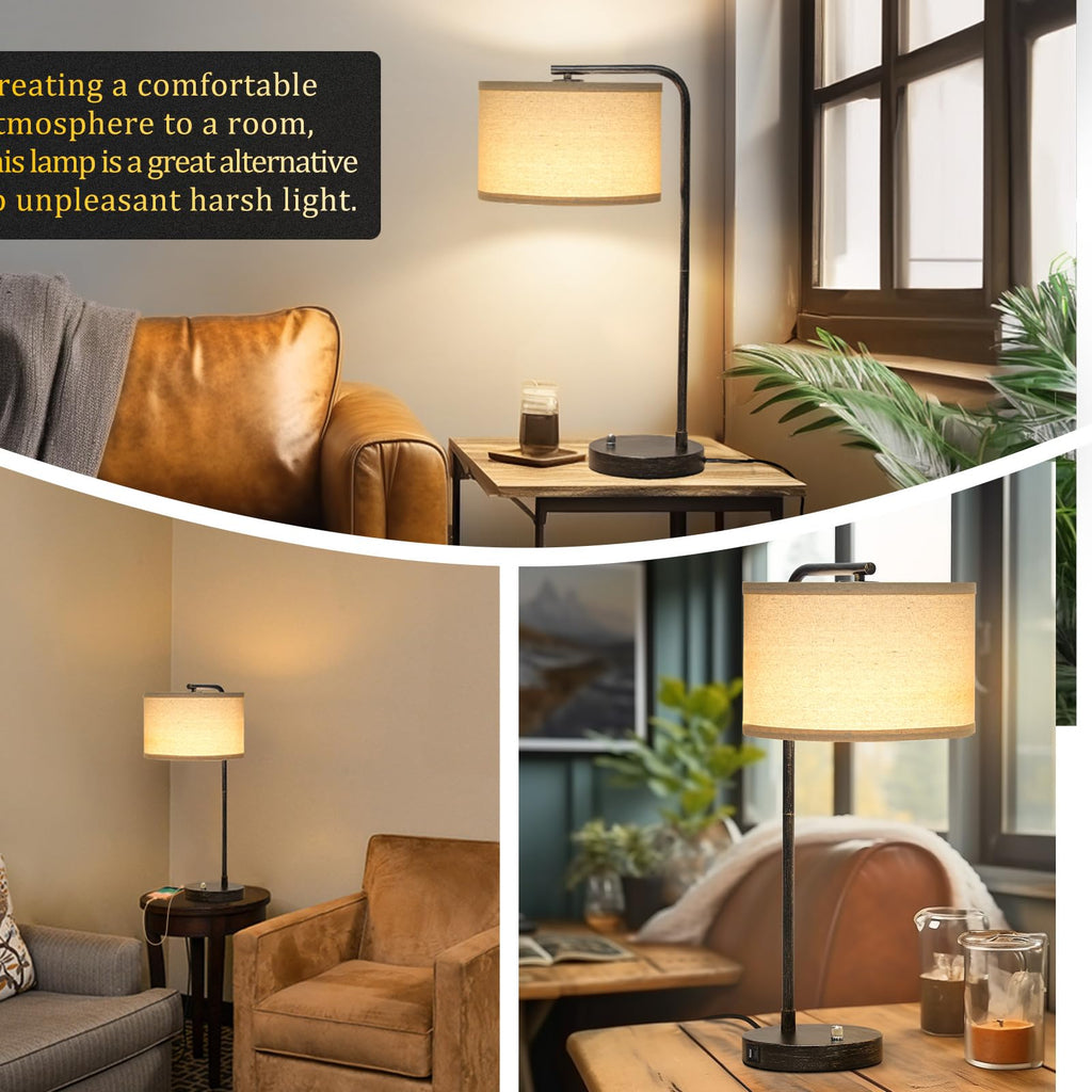 Table Lamps Set of 2, Fully Dimmable Bedside Lamp with USB C+A Charging Ports, Modern Nightstand Lamps with Linen Fabric Shades, Tall Desk Lamp for Bedroom, Living Room, Office, LED Bulb Included