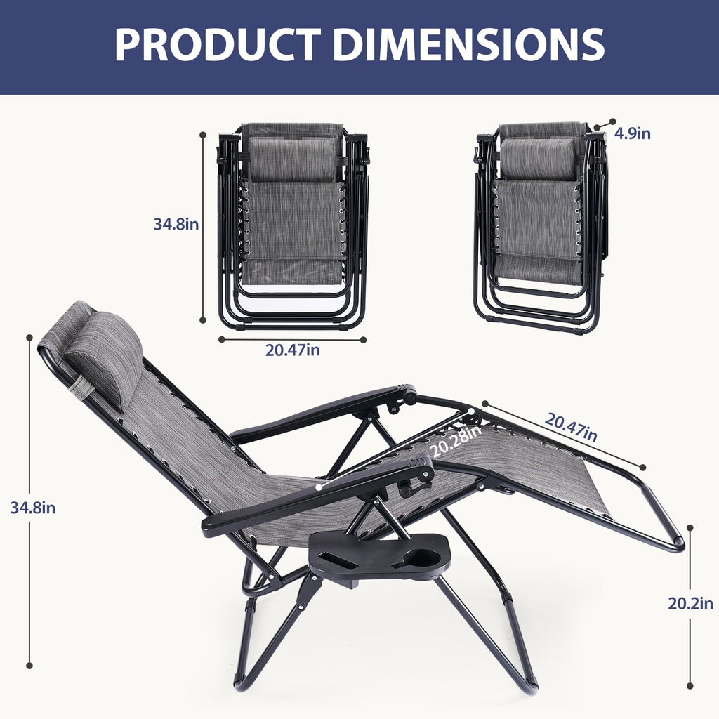 Sweetcrispy Zero Gravity Chairs, Set of 4 Portable Recliner Beach Camping Patio Outdoor Folding Lounge Chair with Cup Holder Trays and Adjustable Pillow for Poolside, Garden, Backyard, Lawn, Black