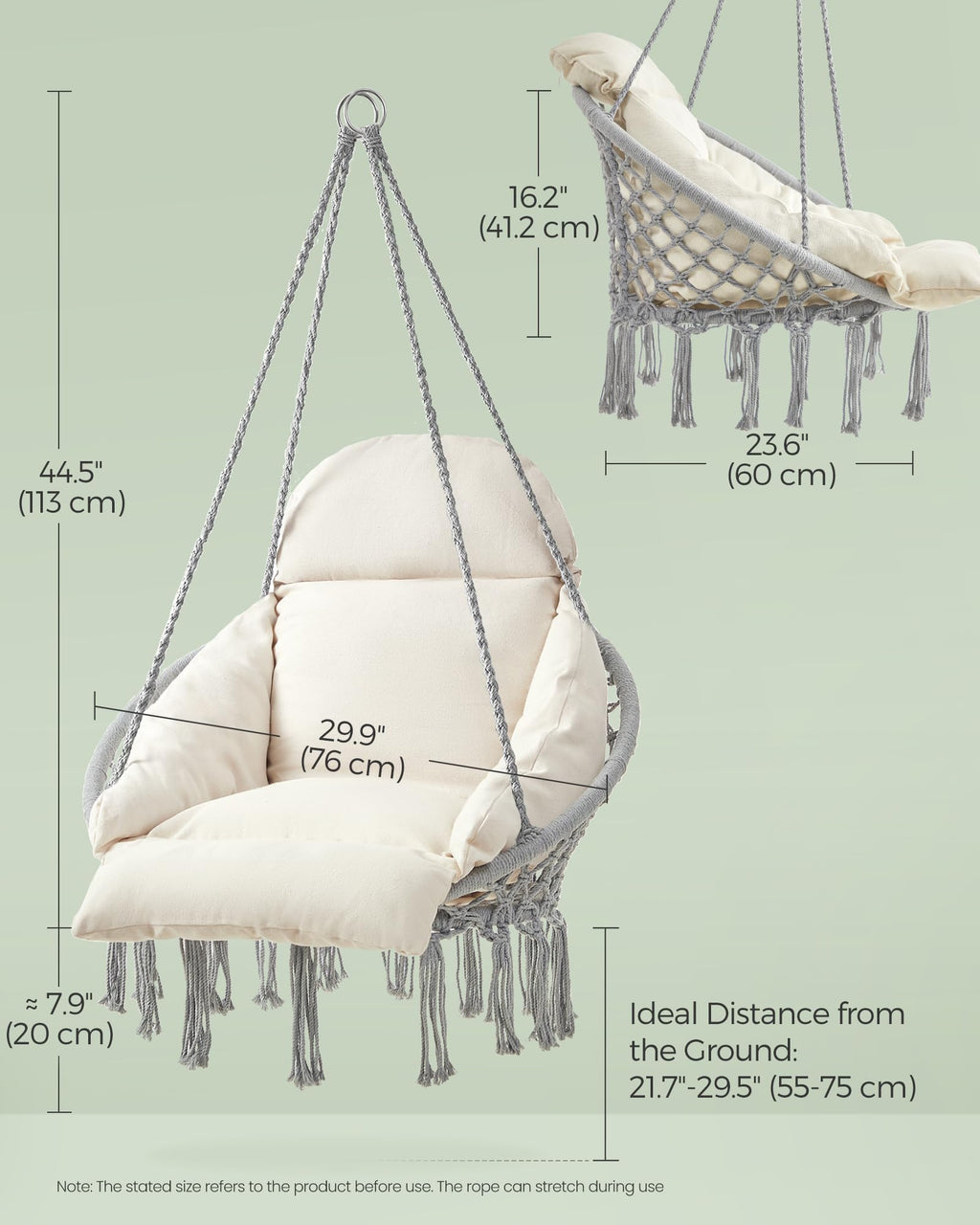 SONGMICS Hanging Chair, Hammock Chair with Large, Thick Cushion, Boho Swing Chair for Bedroom, Patio, Balcony, Garden, Holds up to 264 lb, Accessories Included, Cream White UGDC042M01