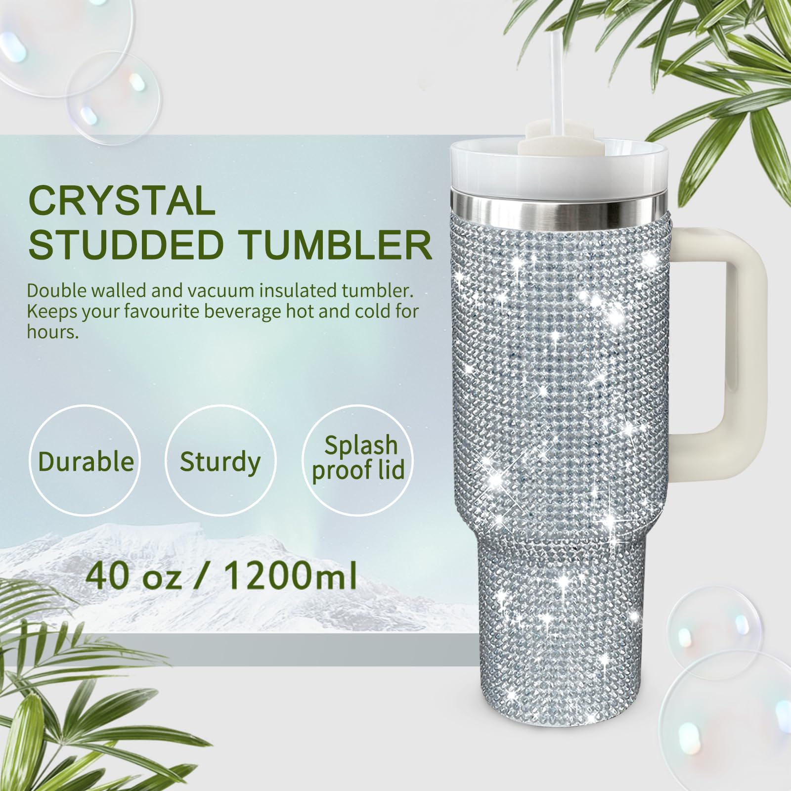 HWISDMIG 40oz Tumbler with Handle-Glitter Rhinestones Tumbler Bling Cups Stainless Steel Water Bottle Diamond Studded Tumbler for Women-Birthday Gifts for Women, Mom, Girlfriend (Amethyst)