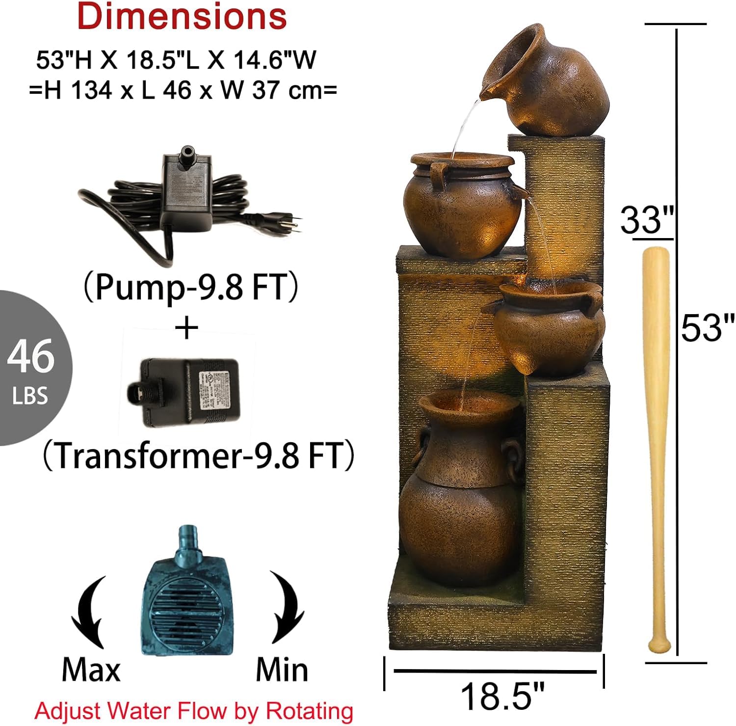 Bumilgar 2-Tier Bowl Water Fountain with LED Lights, 27.95" Tall Freestanding Outdoor & Indoor Garden Waterfall Fountain for Yard, Patio, Backyard, Floor Standing Home Decor