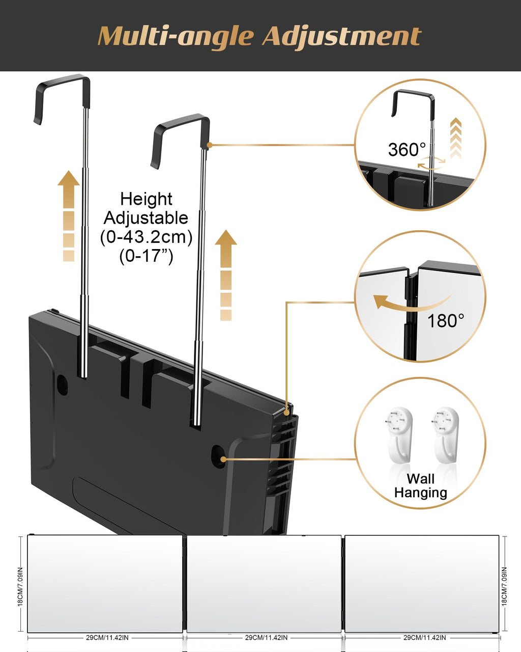 JUSRON 360 Viewing Angle Self Hair Cutting Mirror, Clear Anti-Fog HD Glass, USB Rechargeable, Easy to Use, Height Adjustable, Portable, Good Choice for Gifts