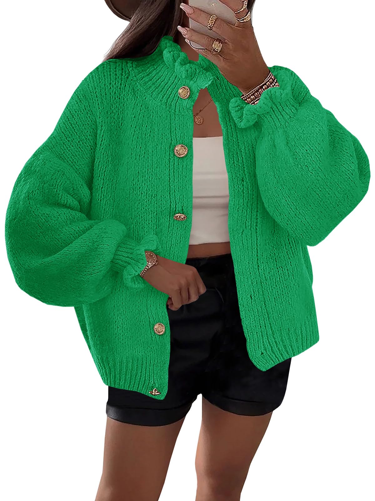Saodimallsu Womens Ruffle Cardigan Oversized Button Up Fall Trendy Ribbed Knit Open Front Long Sleeve Loose Cute Sweater