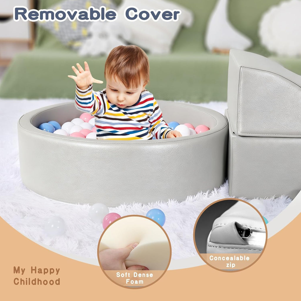 Foam Climbing Blocks for Toddler: with 4-Piece PU Leather Climbing Toys and a Ball Pit - Foam Ball Pit for Toddlers - Climbing Toys Indoor for Kids Crawling (Beige/Ivory Climbing Blocks)
