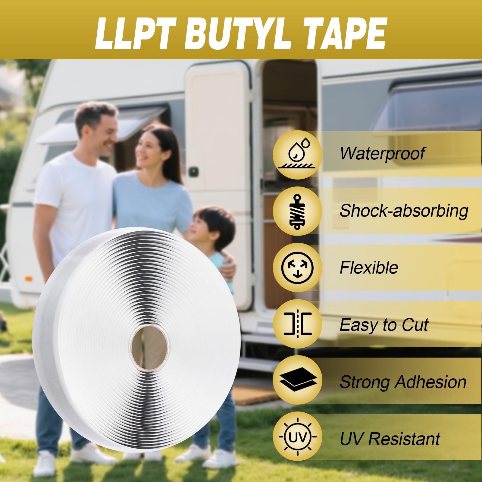 LLPT Butyl Tape Black 1 Inch x 33Ft Tight Seal for Leak Proof EPDM RV Repair Window Glass Boat Sealing Roof Pipe Patching(BST233)
