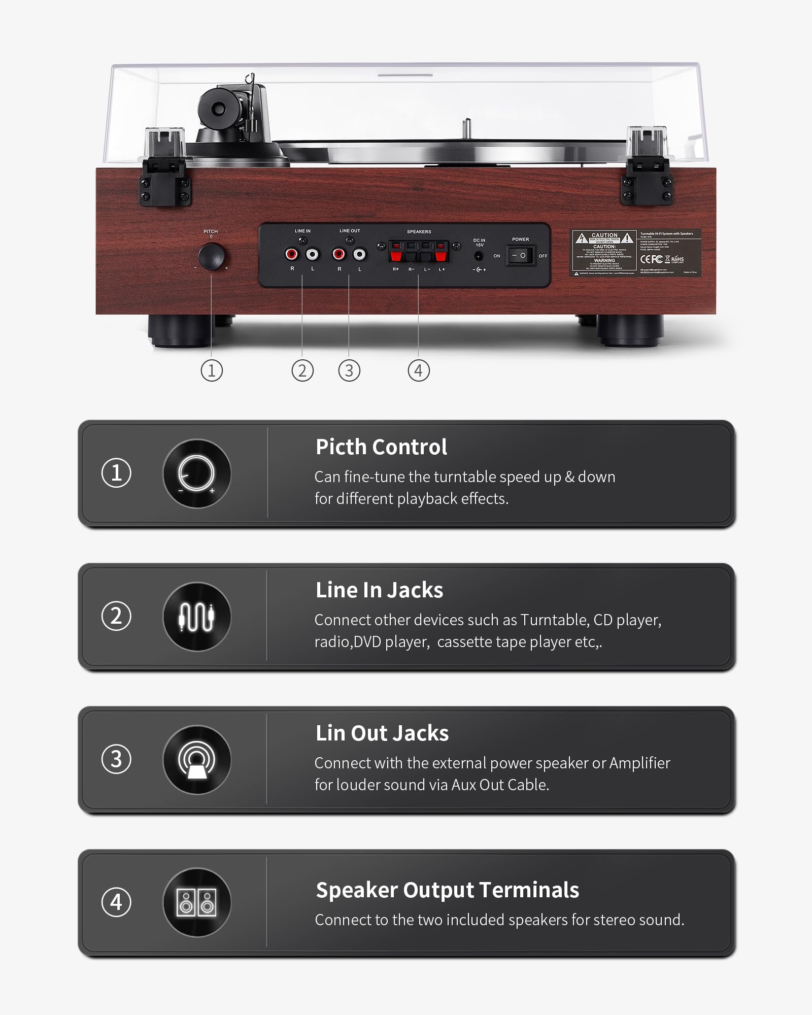 ANGELS HORN Bluetooth Turntable with Speakers, Vinyl Record Player System with AT-3600L, Built-in Phono Preamp, Belt Drive 2-Speed, Adjustable Counterweight, Pitch Control Hi-Fi Record Player System
