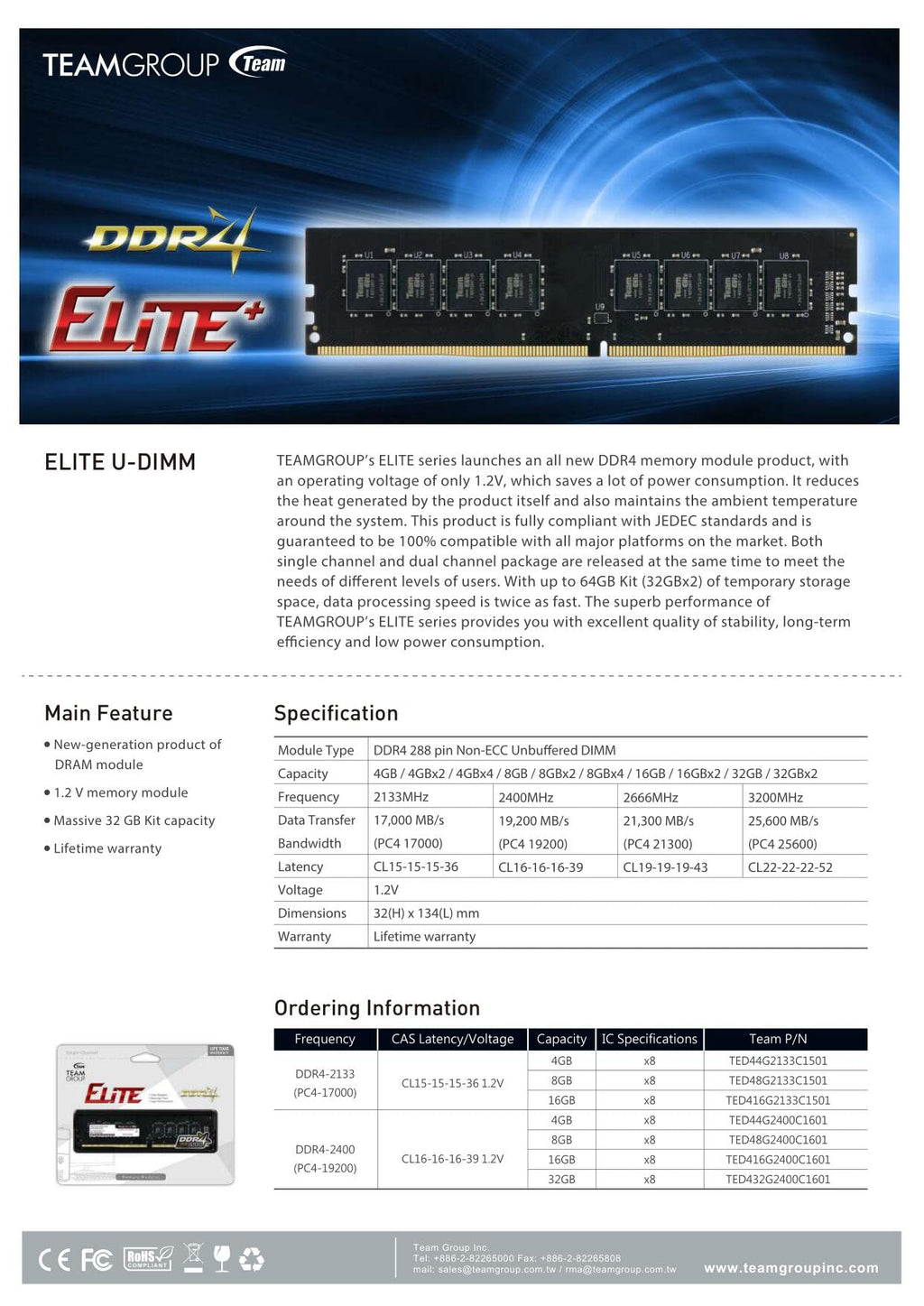 TEAMGROUP Elite DDR4 8GB Single 2666MHz PC4-21300 CL19 Unbuffered Non-ECC 1.2V UDIMM 288 Pin PC Computer Desktop Memory Module Ram - TED48G2666C1901
