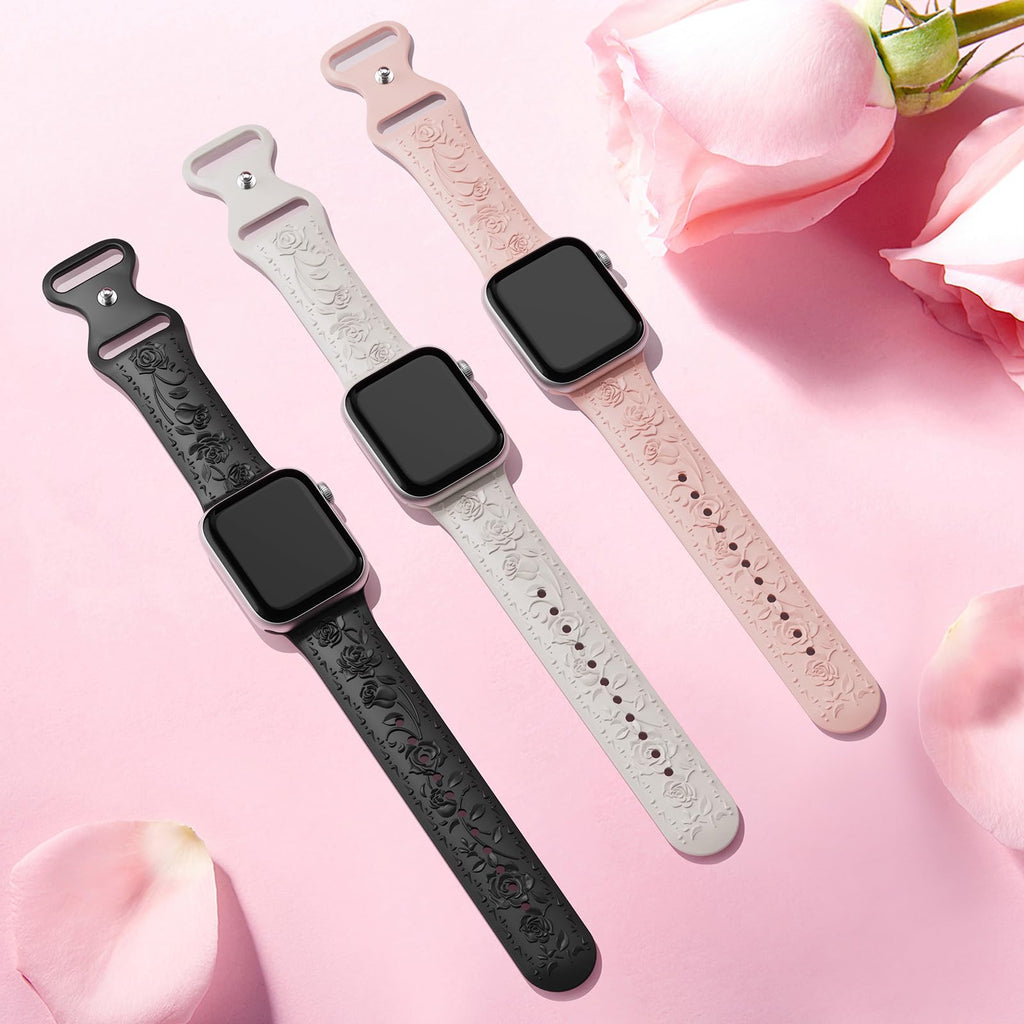 Floral Engraved Band Compatible with Apple Watch Band 40mm 41mm 38mm 42mm 44mm 45mm 46mm 49mm Women, Soft Silicone Cute Embossed Flower Strap for iWatch Band Series SE Ultra 11 10 9 8 7 6 5 4 3 2 1