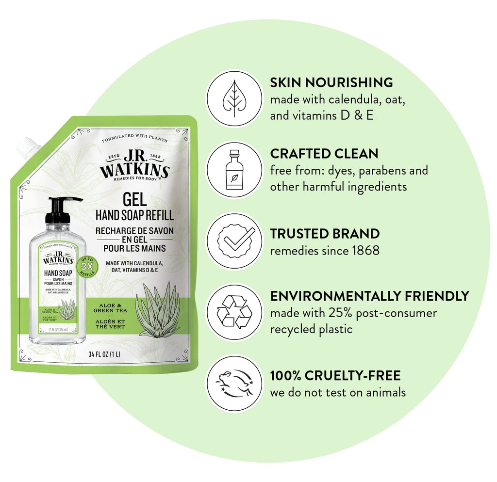 J.R. Watkins Gel Hand Soap Refill, Moisturizing Hand Wash, Formulated with Plant-Based Cleansers, Alcohol-Free, Cruelty-Free, Aloe & Green Tea, 34 Fl Oz, 2 Pack