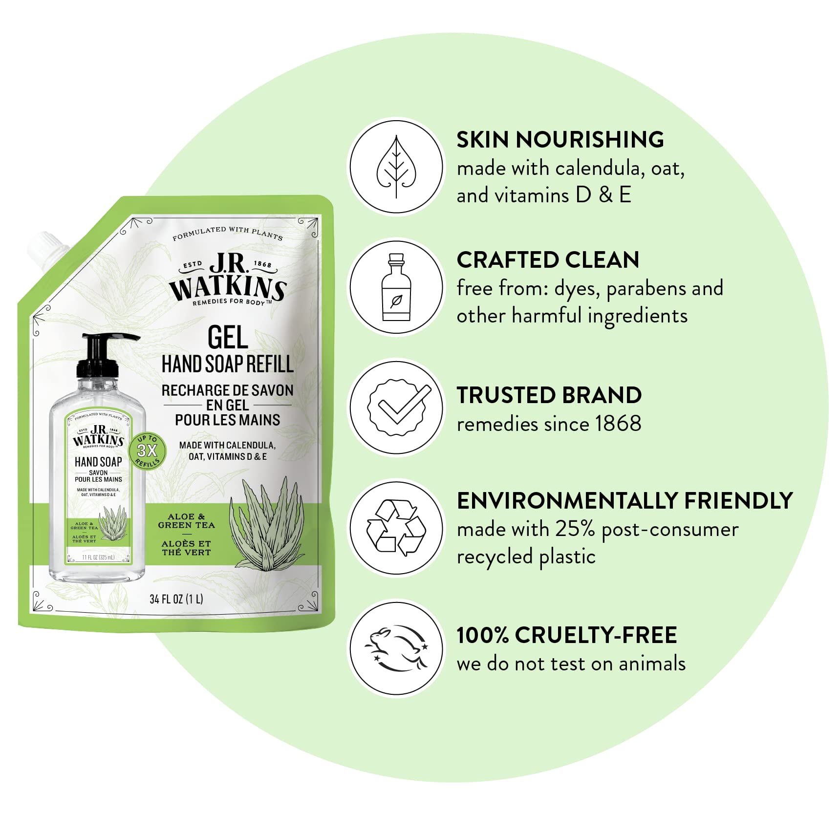 J.R. Watkins Gel Hand Soap Refill, Moisturizing Hand Wash, Formulated with Plant-Based Cleansers, Alcohol-Free, Cruelty-Free, Aloe & Green Tea, 34 Fl Oz, 2 Pack