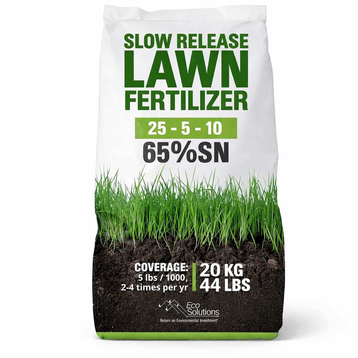 Slow Release Lawn Fertilizer 25-5-10 NPK - 65% Granular Nitrogen Formula for Deep Feeding up to 110 Days - 10kg (22lbs) Bag - Kid & Pet Safe Lawn Care for Lush Green Grass