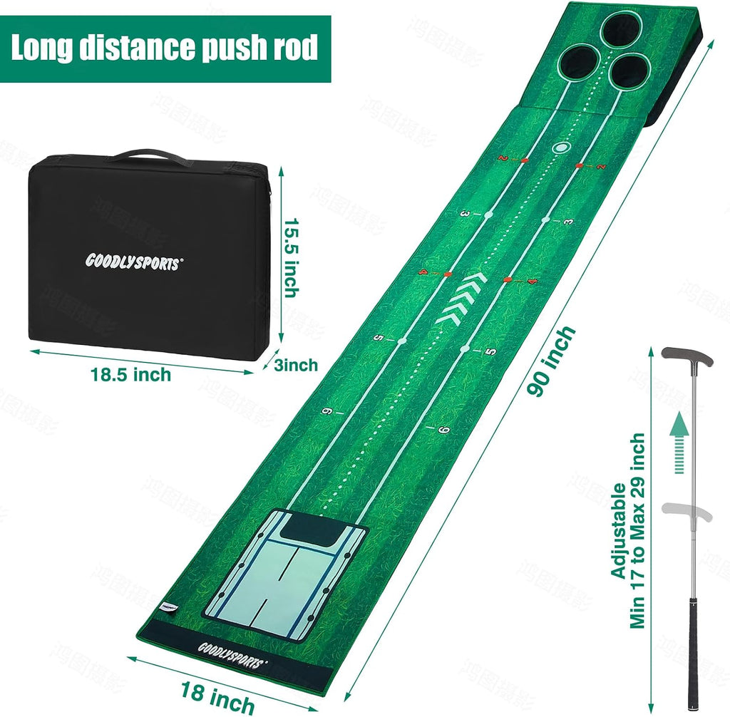 New Portable Golf Putting Mat, Mini Golf - Putting Green Indoor + Putting Green Outdoor - Putting Mat with 3 Balls + Retractable Push Rod (Youth) - Putting Matt for Indoors, Golf Gifts for Men Kids