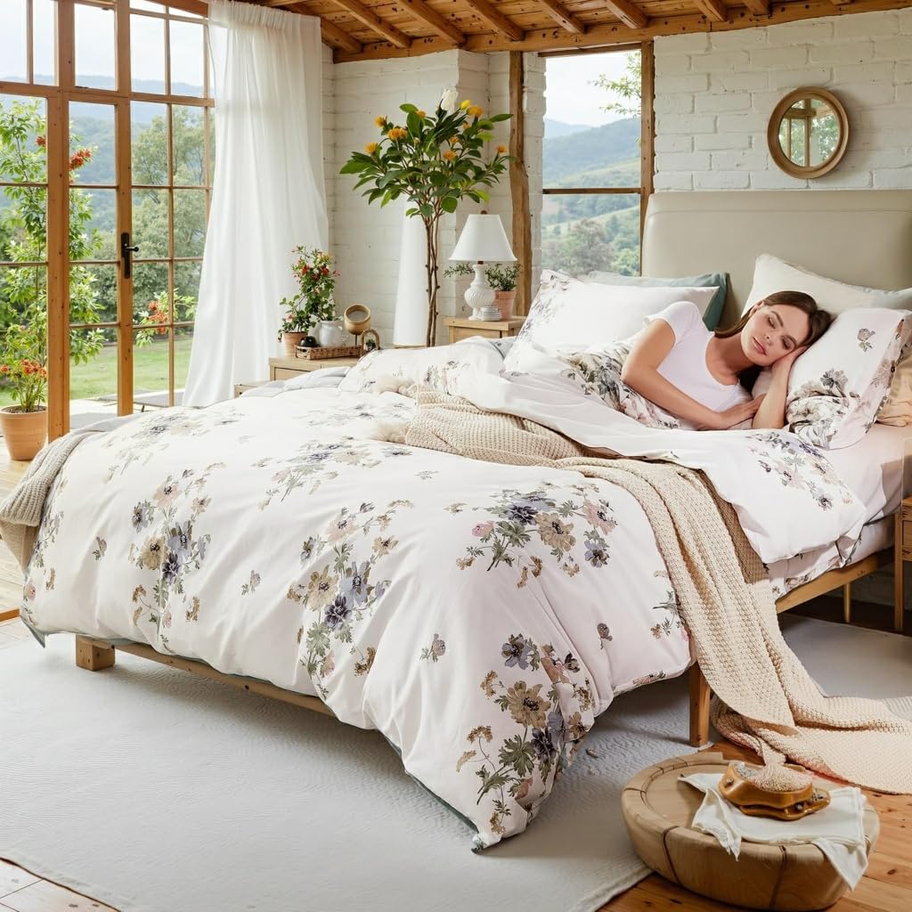100% Natural Cotton Comforter Set Queen 3 Pcs Grayish Blue Bedding Sets with Luxurious Damask Pattern, Reversible Breathable Soft Comforter Sets for All Season