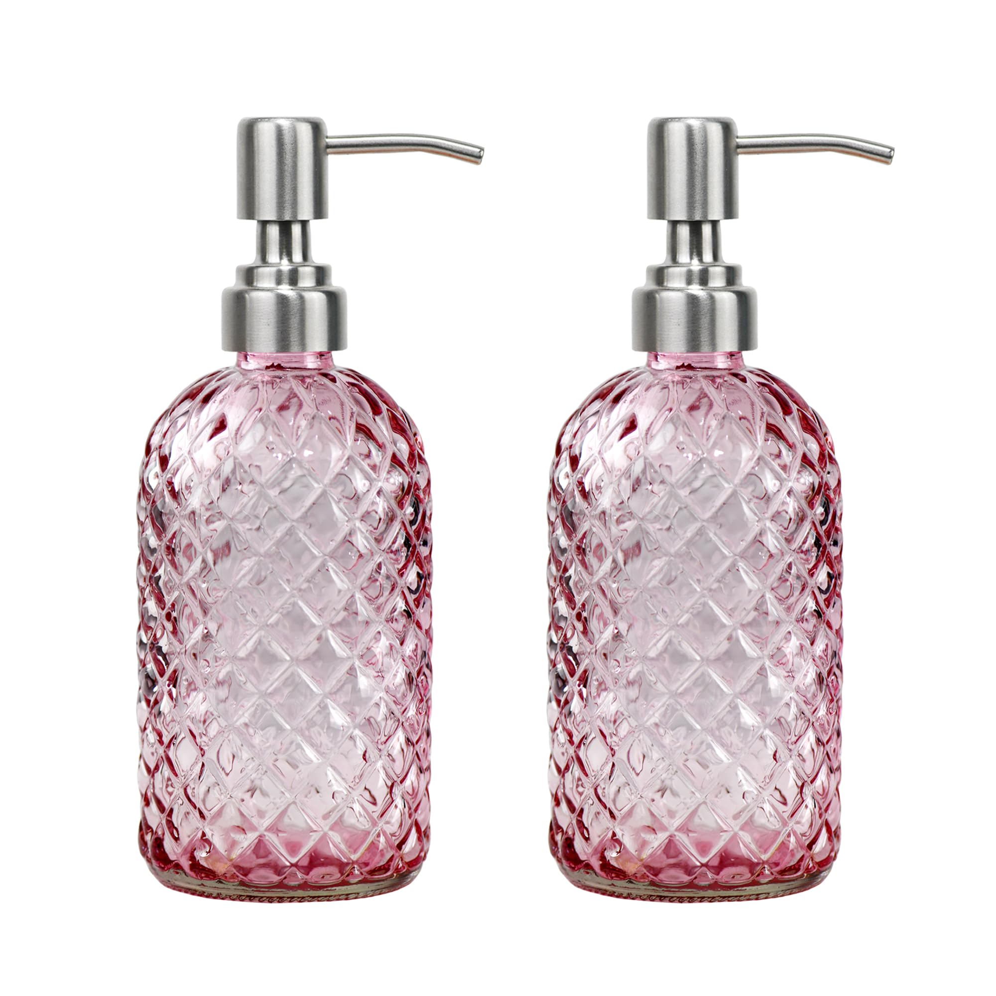 16 oz Diamond Pattern Glass Soap Dispenser, Kitchen and Bathroom Refillable Soap Dispenser with Rust Resistant Stainless Steel Pump for Hand Soap, Lotion Glass Liquid Dispenser(Amber)