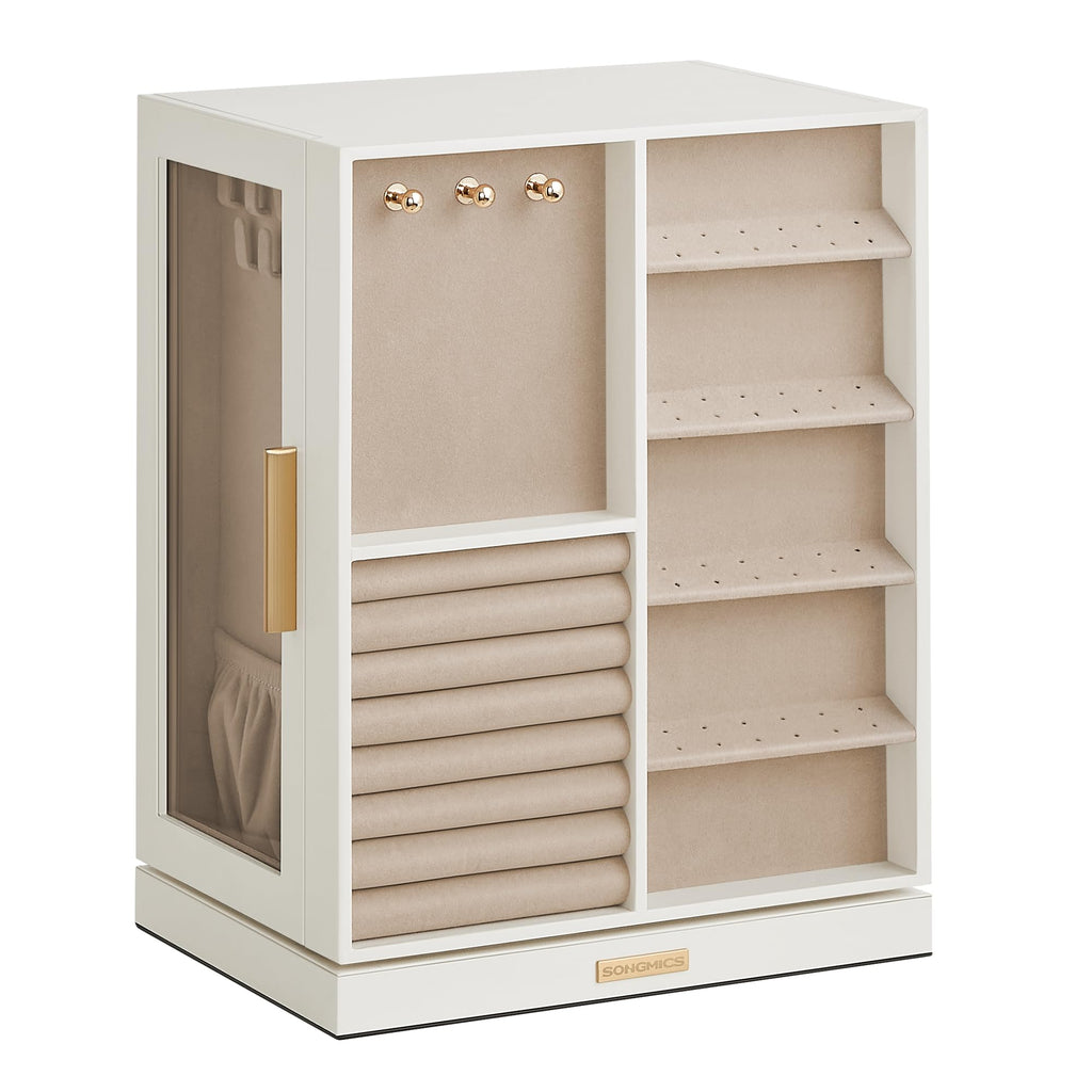 SONGMICS GISELLA Collection - Jewelry Box Organizer 360° Rotating, Vertical Jewelry Storage Case with 5 Drawers, Glass Window, Spacious, Open Design, Great Gift, Cloud White UJBC170W01