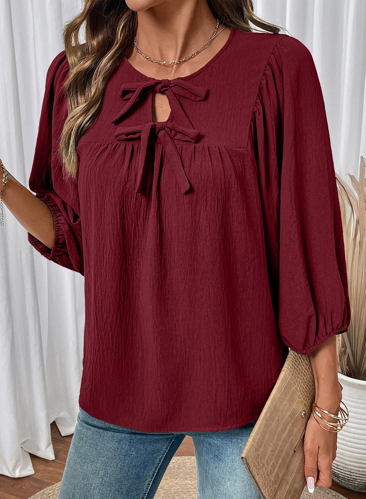 SHEWIN Womens Tops 3/4 Sleeves Blouse Babydoll Dressy Casual Top Elegant Bow Tie Loose Ladies Shirts 2026