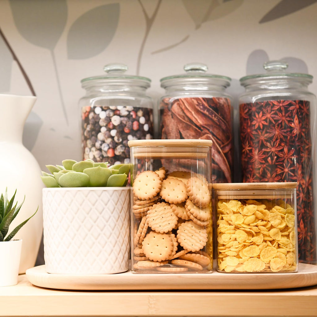 SHOWIN 73oz Glass Pasta Storage Jars, Tall Glass Jars with Bamboo Lids, Spaghetti Container, Set of 3, Kitchen Storage Containers for Pasta, Pantry Organizers