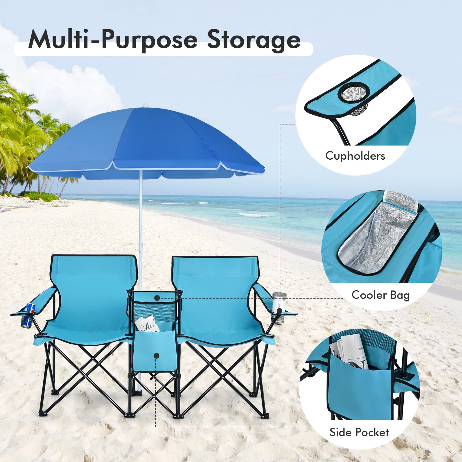 COSTWAY Double Portable Picnic Chairs, Folding Camping Chairs w/Detachable Umbrella, Cooler Bag, Cup Holders, Patio Beach Camping Chairs for Outdoors
