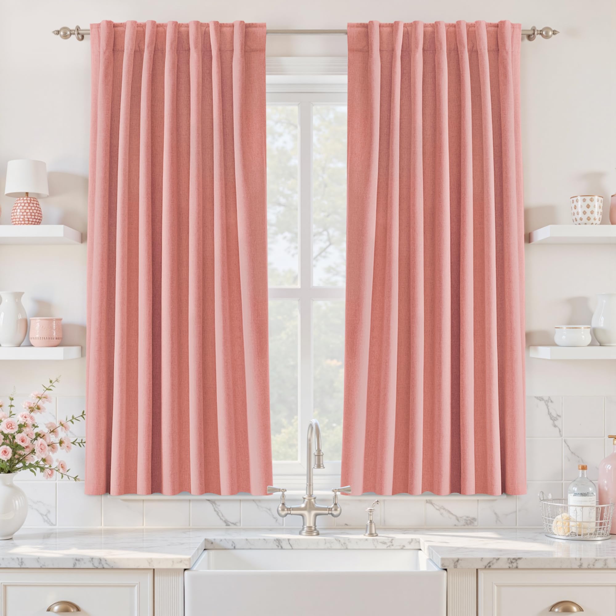 UHITECH Short Linen Curtains 24 Inch Long for Farmhouse Small Windows Modern Cafe Sytle Blackout Curtains for Living Room Back Tab Thermal Black Out Drapes 2ft