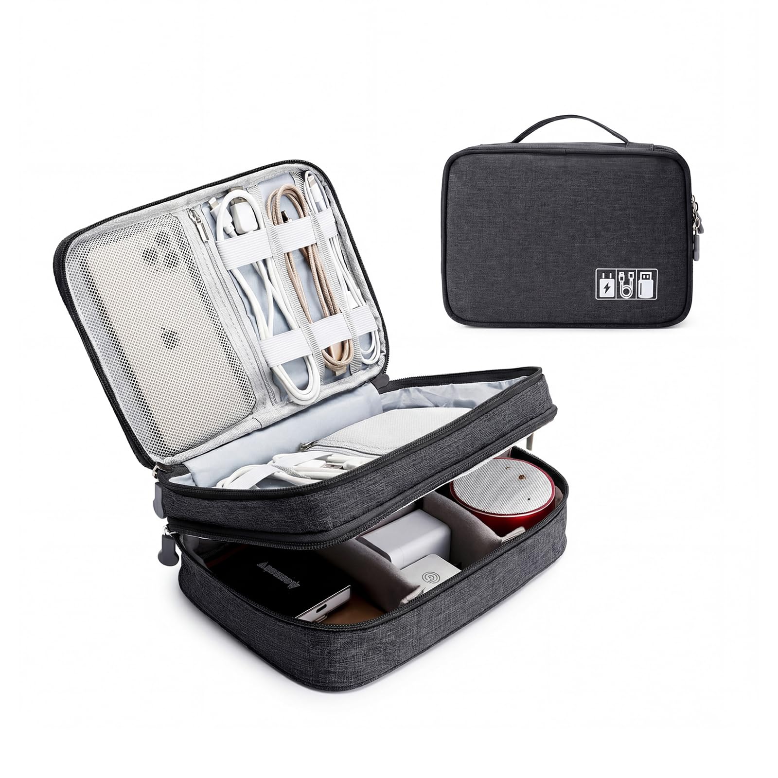 Lanola Electronic Organizer,Travel Cable Organizer Bag Pouch Electronic Accessories Carry Case Portable Double Layers Storage Bag for Cable,Cord,Charger,Phone,Earphone,Power Bank,Memory Cards - Black