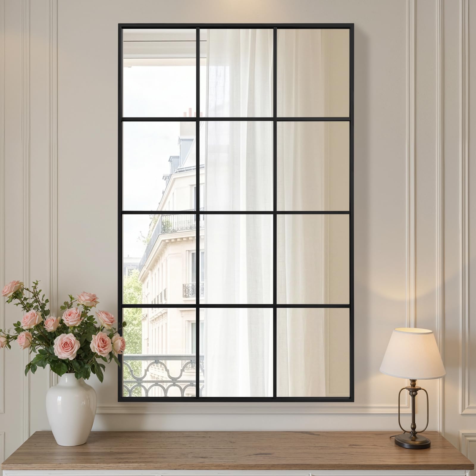 Anpark Arched Windowpane Wall Mirror 24"x36" Black Wall Mounted Art Pane Mirror Farmhouse Decorative Mirror Leaning Hanging Wall Mirror for Bedroom Living Room Entrance Hallway Wall Decor