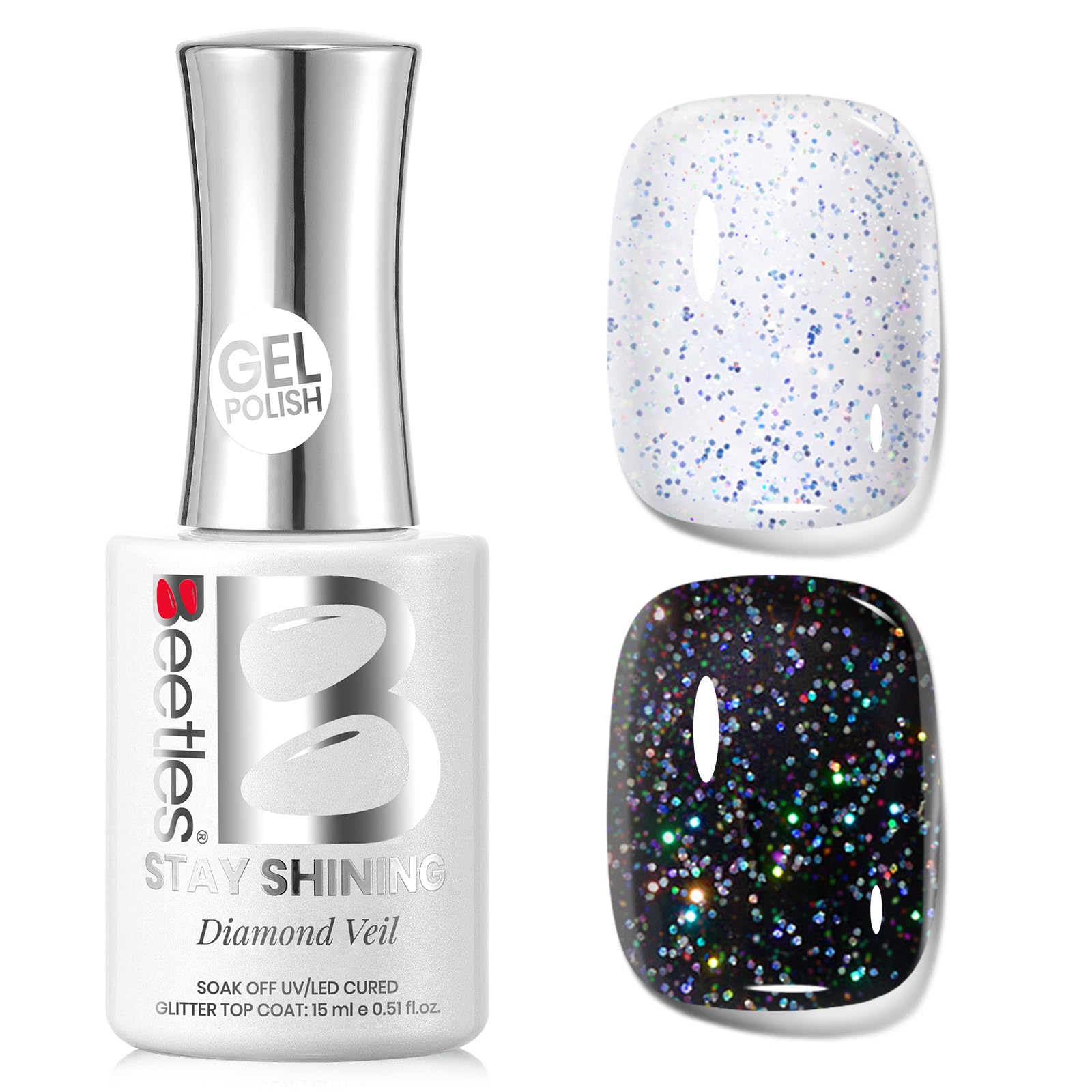 Beetles Heart Gel Top Coat 15ml - Hema Free Glitter Shine No Wipe Top Coat Long-Lasting for Gel Polish, Pink Heart Sparkle Soak Off UV LED Gift for Women