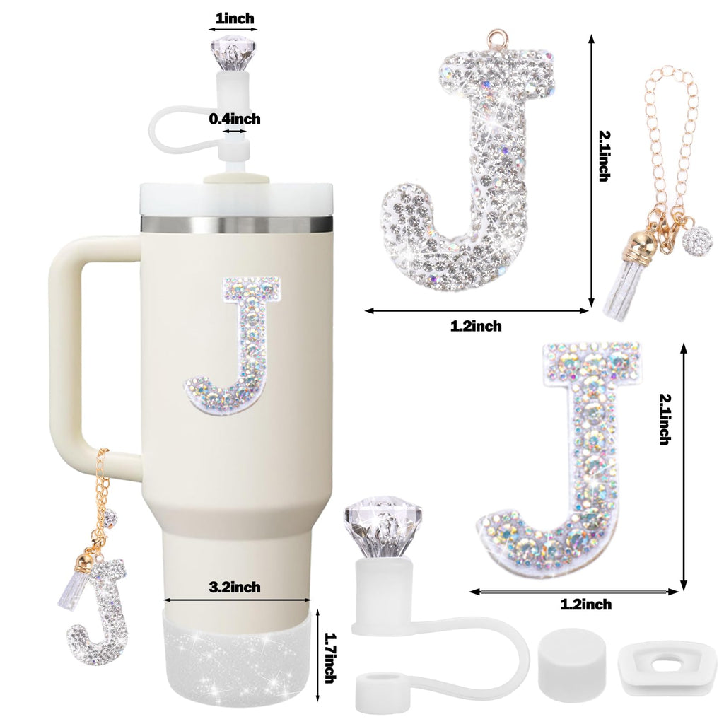 Mity rain Accessories Set for Stanley Cup, Initials Decorations for Tumbler Cup 30/40OZ, Including Diamond Straw Topper/Spill Proof Stopper/Sparkly Silicone Boot Set/Letter Charms for Handle A-Z (A-)