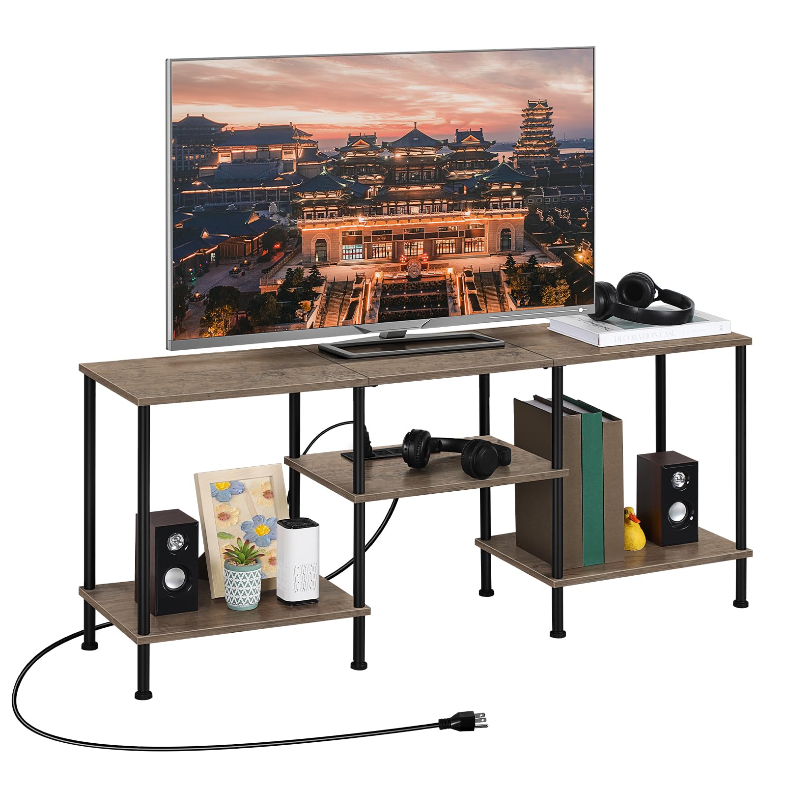 OYEAL Black Bedroom TV Stand with Power Outlets up to 50 inch TV, Small Entertainment Center Stand with Storage Modern Media TV Console Table for Living Room Bedroom