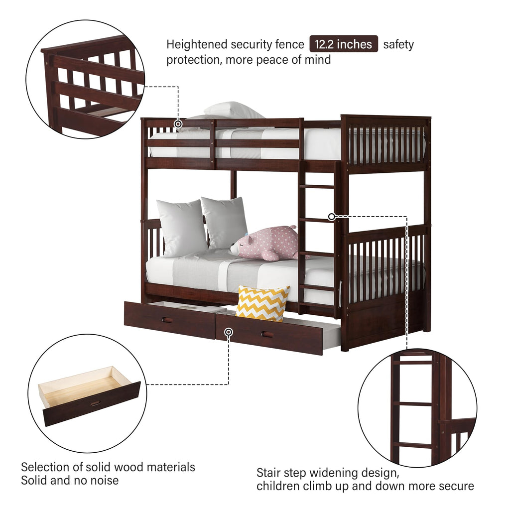 Merax Wood Bunk Bed with Two Drawers,Convertible Wood Bunk Bed with Ladders and Two Storage Drawers,Solid Wood Detachable Bed Frame with Ladders, Twin Over Full Size, Espresso