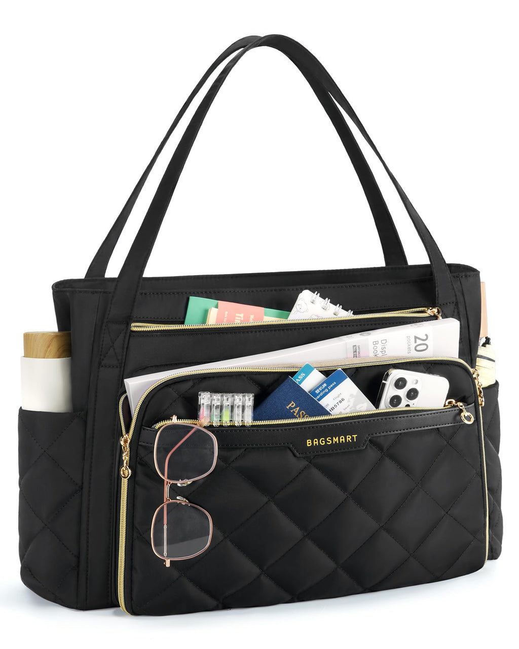 BAGSMART Teacher Tote Bag for Women 15.6in Quilted with Insulated Pocket & Nurse Bag Features (Black)