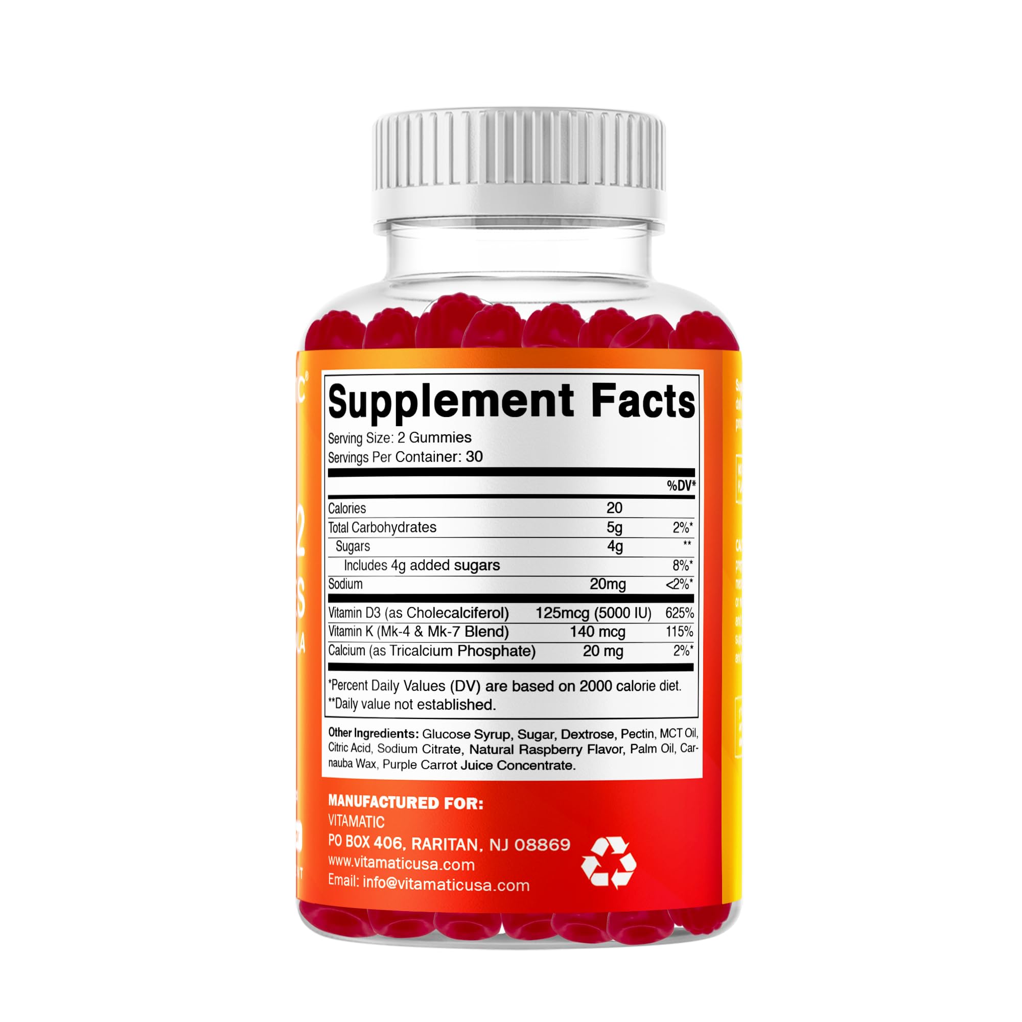 Vitamatic Vitamin D3 + K2 Gummies – 60 Count | Supports Bone, Heart & Immune Health – Promotes Calcium Absorption – Plant-Based, Non-GMO, Gluten-Free