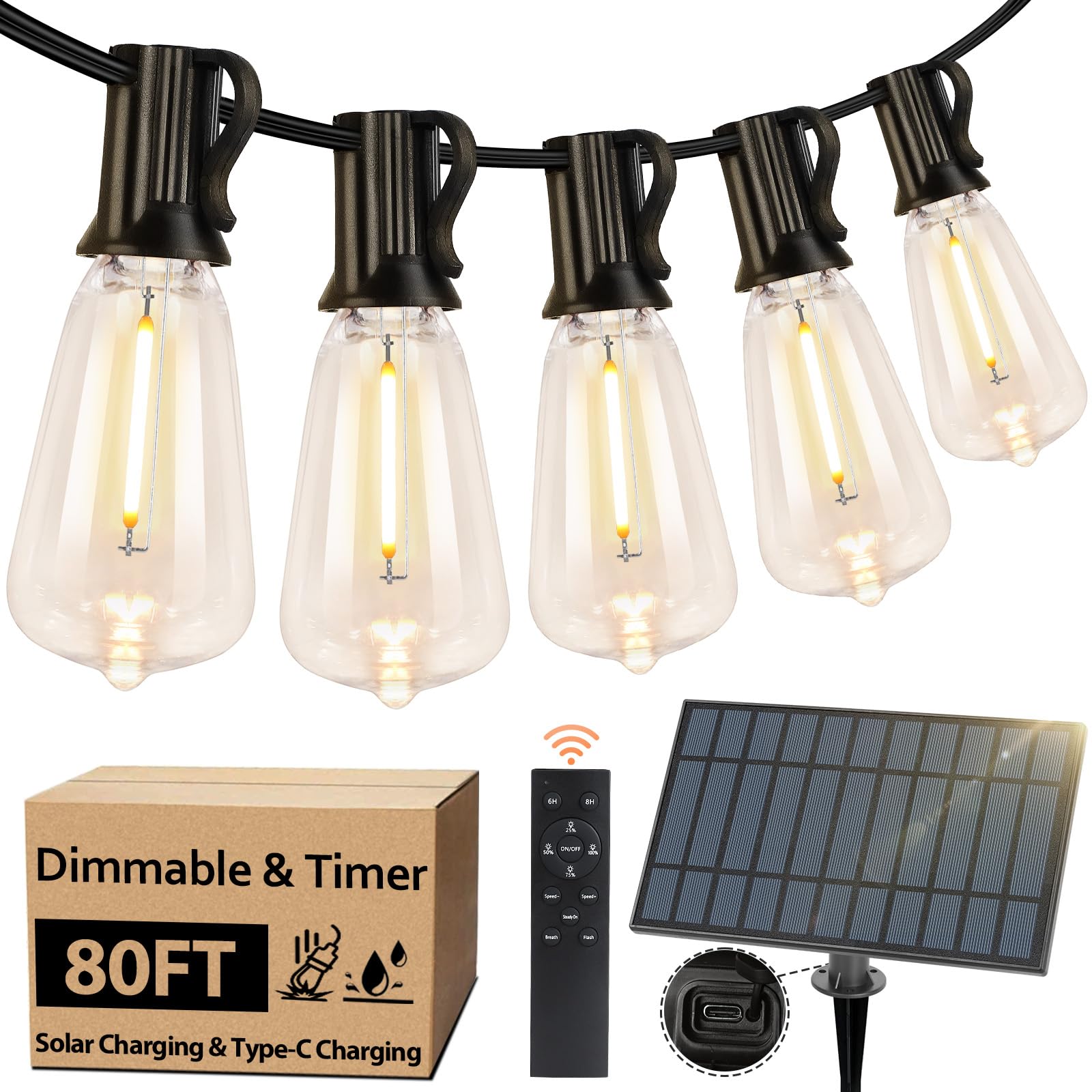 50 FT Solar String Lights for Outside, Solar Powered Outdoor String Lights with 26 Shatterproof Edison Bulbs, Dimmable Patio Lights Waterproof with Remote Timer for Wedding Backyard(Warm White)
