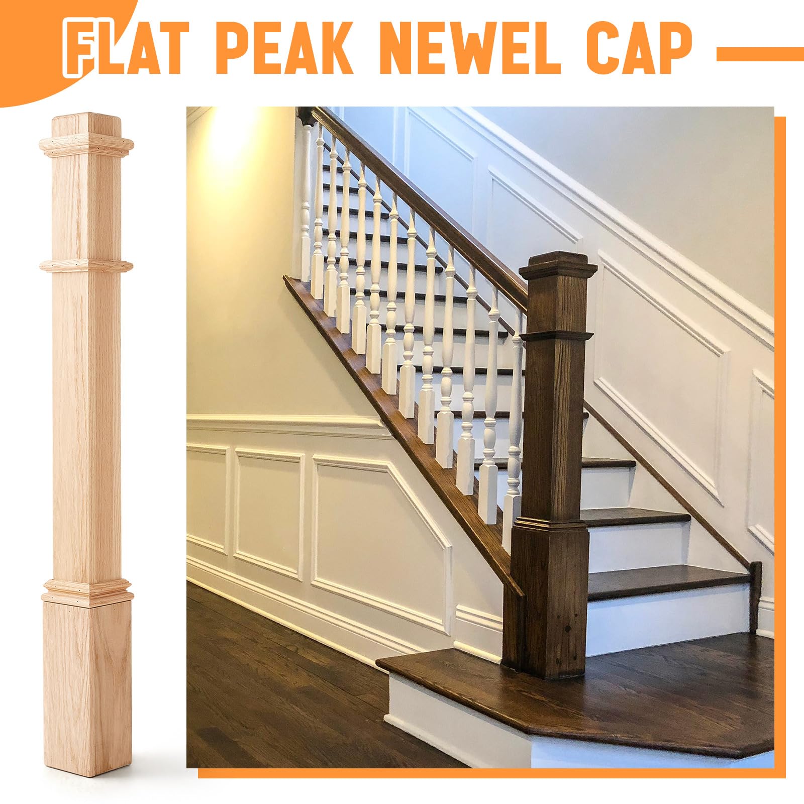 Wonderjune 1 Pcs 48 Inch Red Oak Stair Newel Post with 3 1/2" Post and 4 1/2" Pedestal, Wood Box Newel with Pedestal for Staircase, Plain Style Wood Balusters Interior for Stair Remodeling