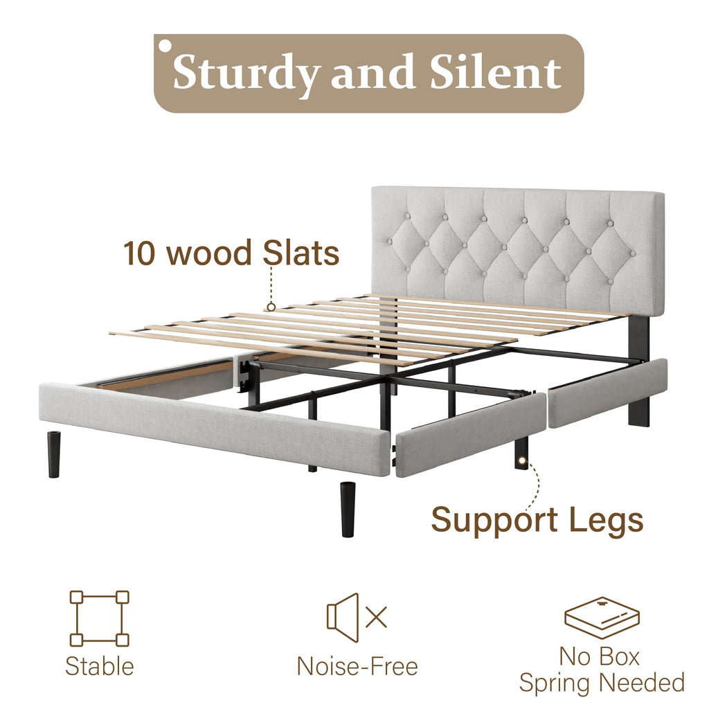 CXVX Full Size Platform Bed Frame with Upholstered Headboard, Button Tufted Design, Strong Wooden Slats, No Box Spring Needed, Easy Assembly, Noise Free